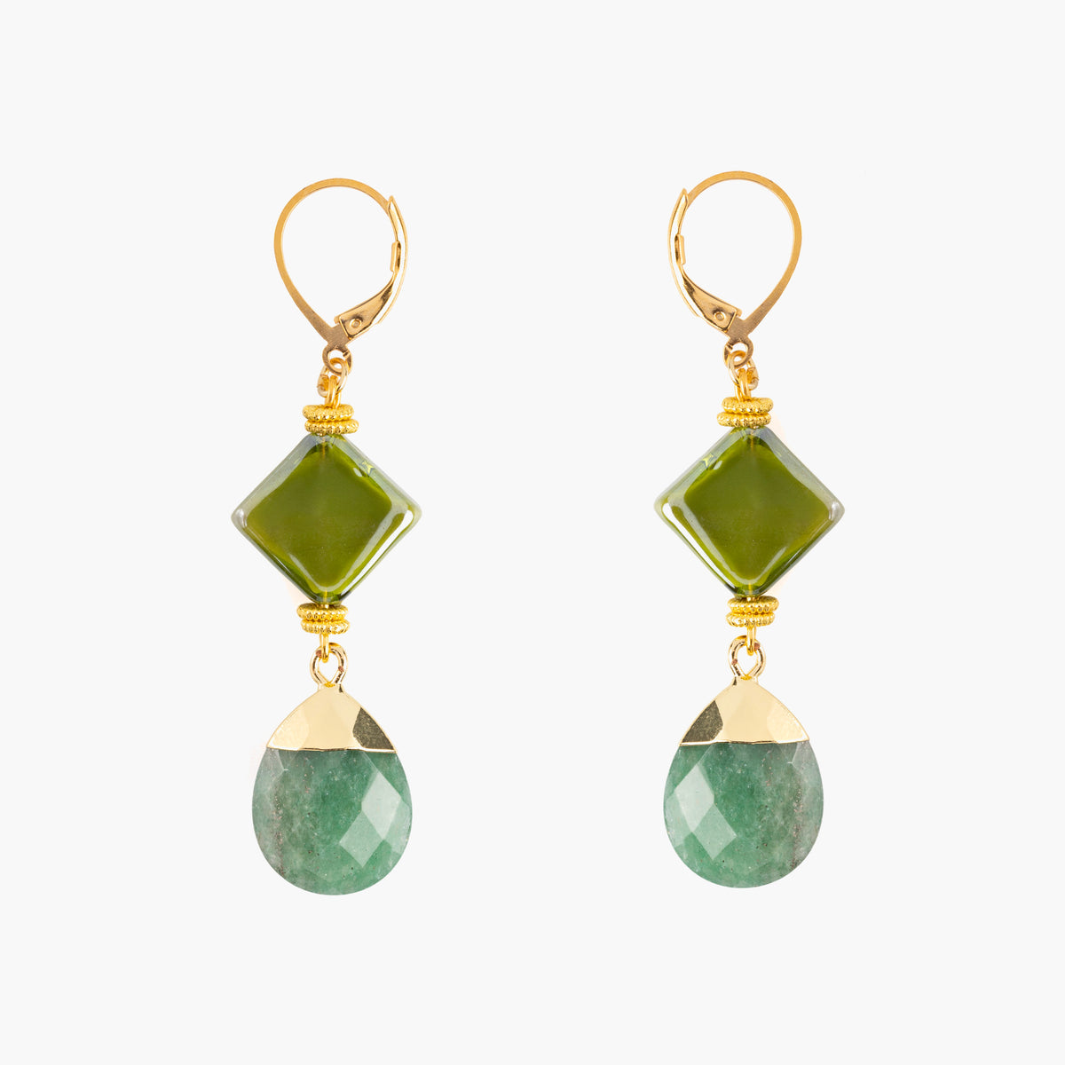 Veil Murano glass drop earrings in green with faceted natural stone drops. Handcrafted in Italy.