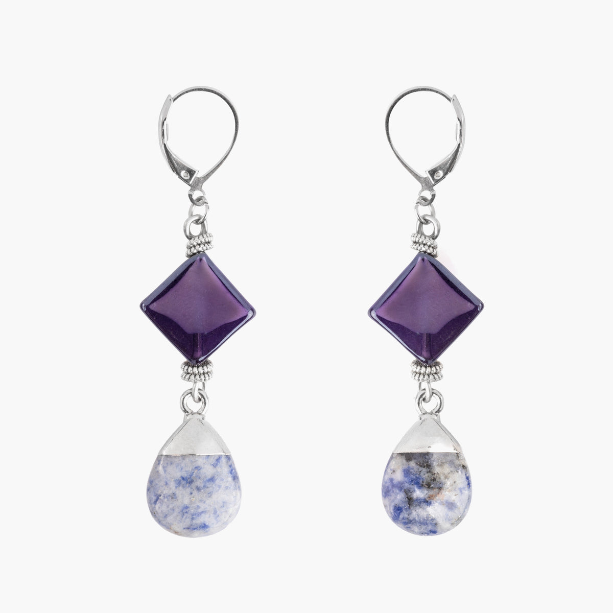 MurrinaMurano.us Veil Murano glass drop earrings in blue with blue-white natural stone drops and 18KT gold-plated brass. Handcrafted in Italy.