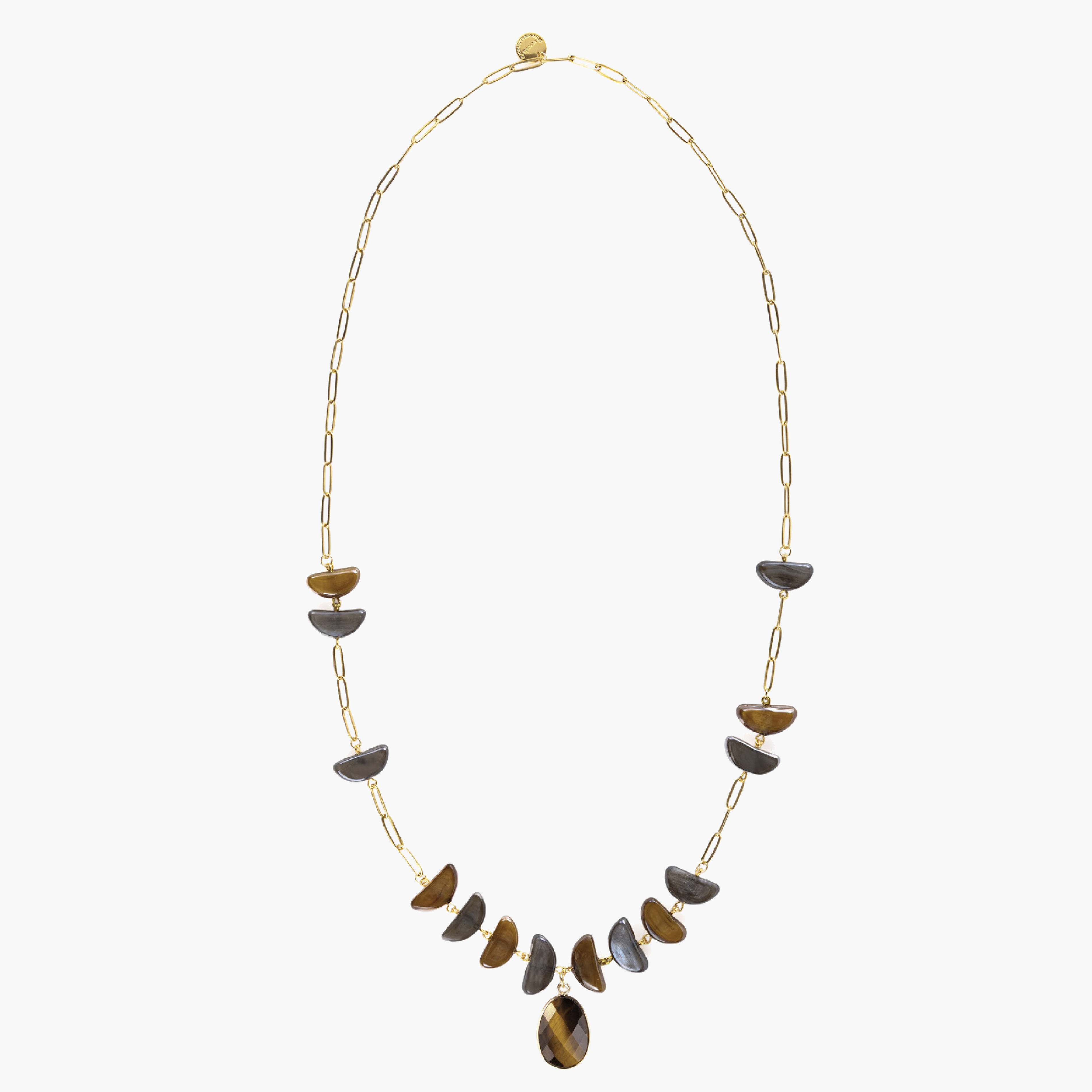 Core Long Necklace in brown and gray Murano Glass with a faceted natural stone pendant and 18KT gold-finished details. Handcrafted in Italy.