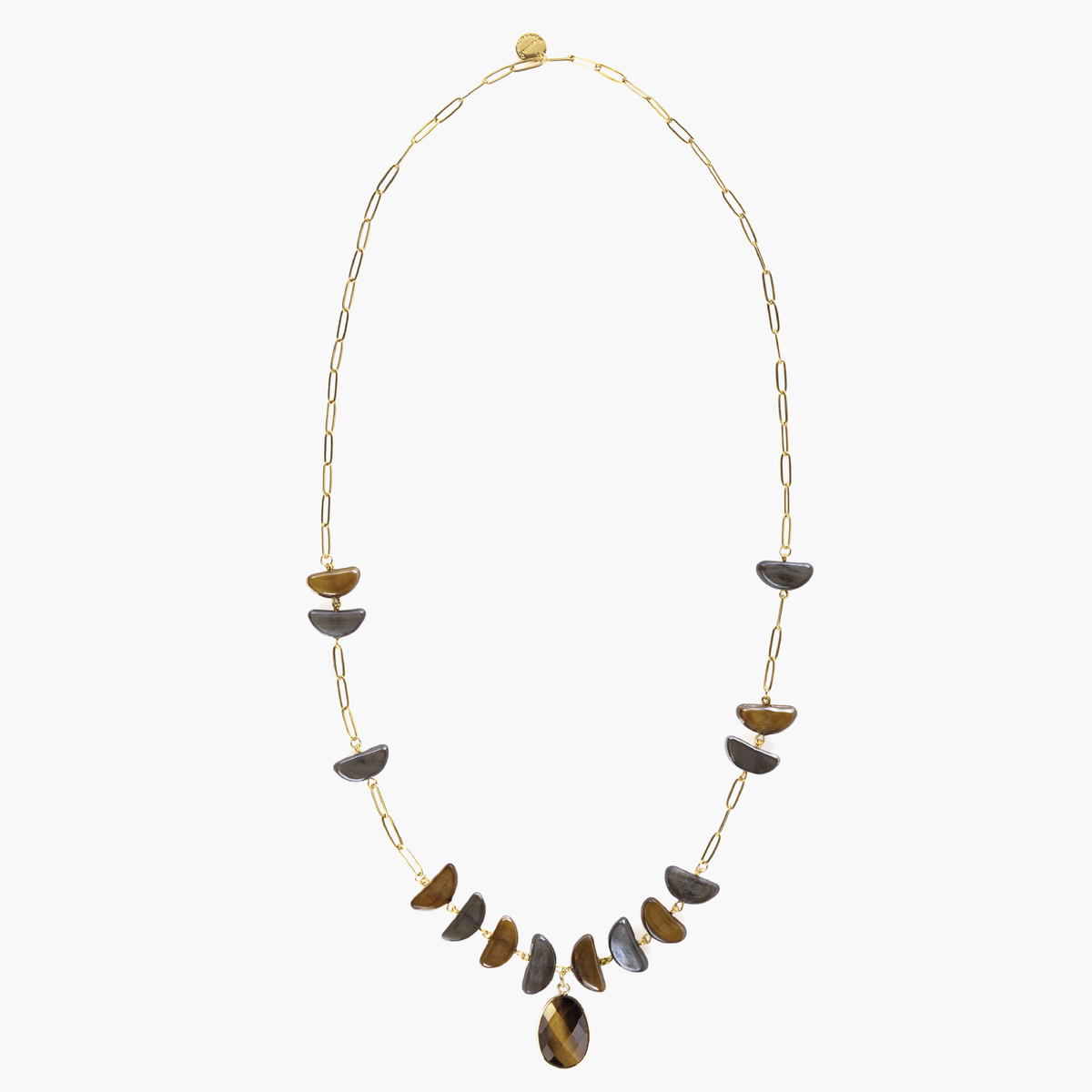 Core Long Necklace in brown and gray Murano Glass with a faceted natural stone pendant and 18KT gold-finished details. Handcrafted in Italy.