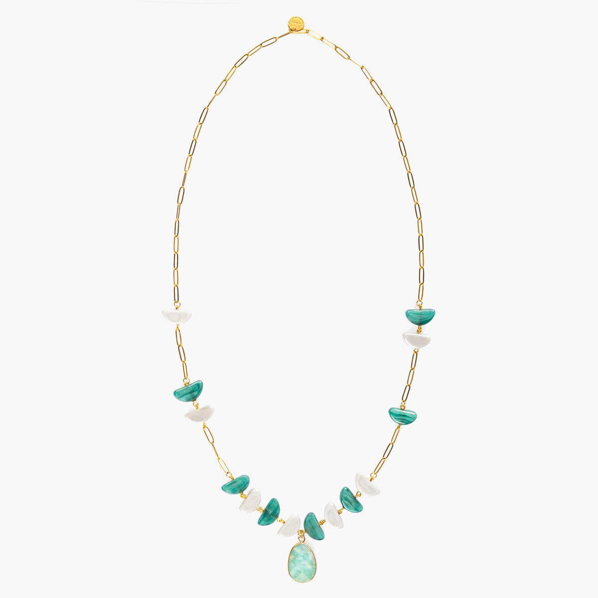 MurrinaMurano.us Core Long Necklace in green and white Murano Glass with a faceted natural stone pendant and 18KT gold-finished details. Handcrafted in Italy.