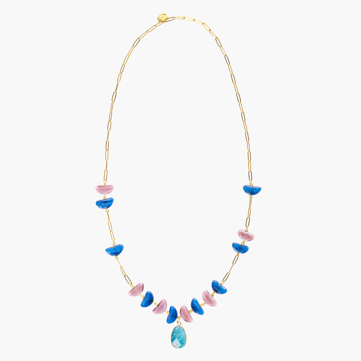 Core Long Necklace in blue and pink Murano Glass with a faceted natural stone pendant and 18KT gold-finished details. Handcrafted in Italy.
