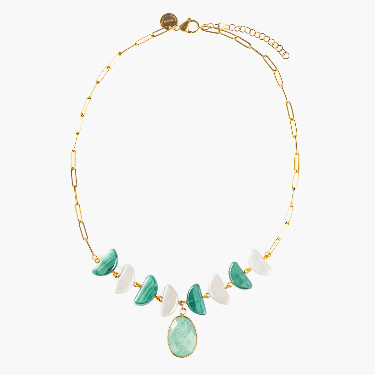 Core Choker Necklace in green and white Murano Glass with a faceted natural stone pendant and 18KT gold-finished details. Handcrafted in Italy.