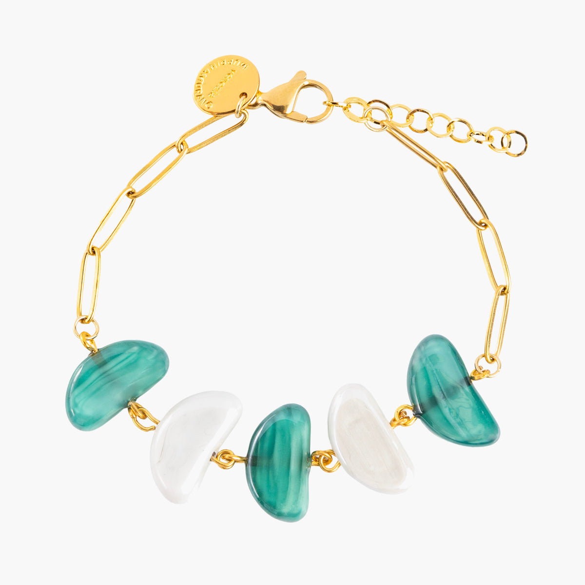 MurrinaMurano.us Core Link Bracelet in green and white Murano Glass with 18KT gold-finished details. Handcrafted in Italy.