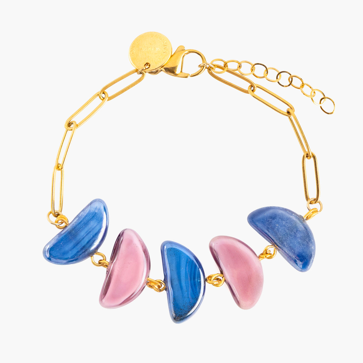 MurrinaMurano.us Core Link Bracelet in blue and pink Murano Glass with 18KT gold-finished details. Handcrafted in Italy.