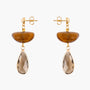  Core Top Drop Earrings in amber brown and smoky gray Murano Glass with faceted crystal drops and 18KT gold-finished details. Handcrafted in Italy.