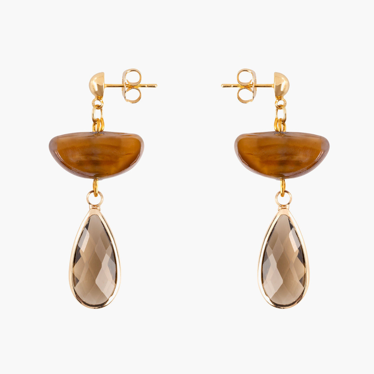  Core Top Drop Earrings in amber brown and smoky gray Murano Glass with faceted crystal drops and 18KT gold-finished details. Handcrafted in Italy.