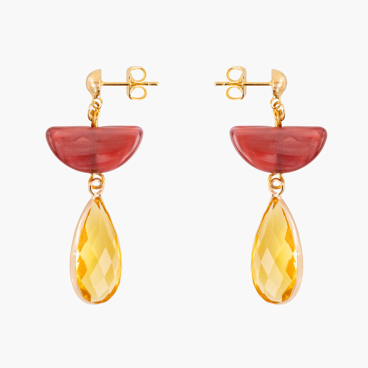 Core Top Drop Earrings in red Murano Glass with luminous yellow faceted crystal drops and 18KT gold-finished details. Handcrafted in Italy.