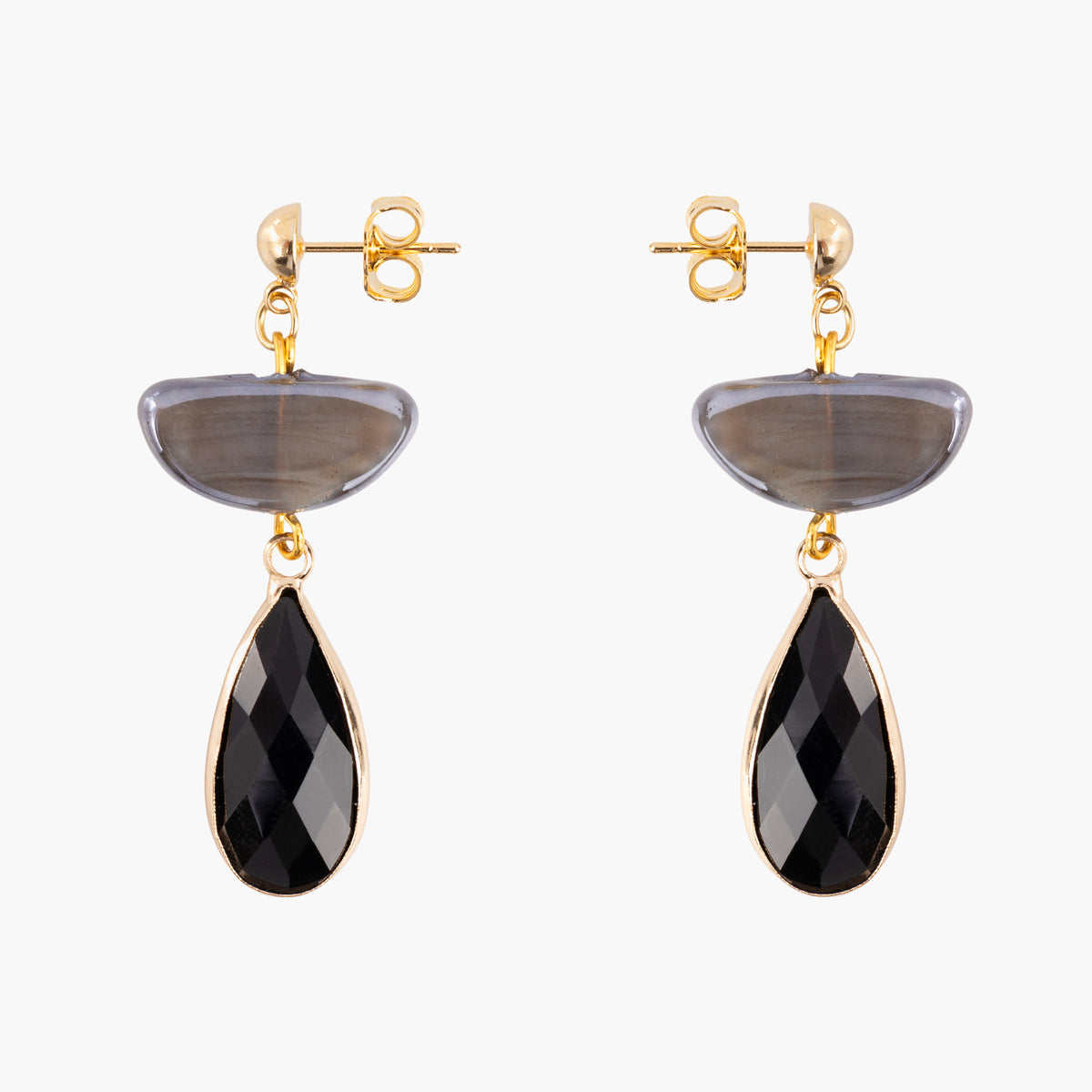 Core Top Drop Earrings in smoky gray Murano Glass with faceted black crystal drops and 18KT gold-finished details. Handcrafted in Italy.