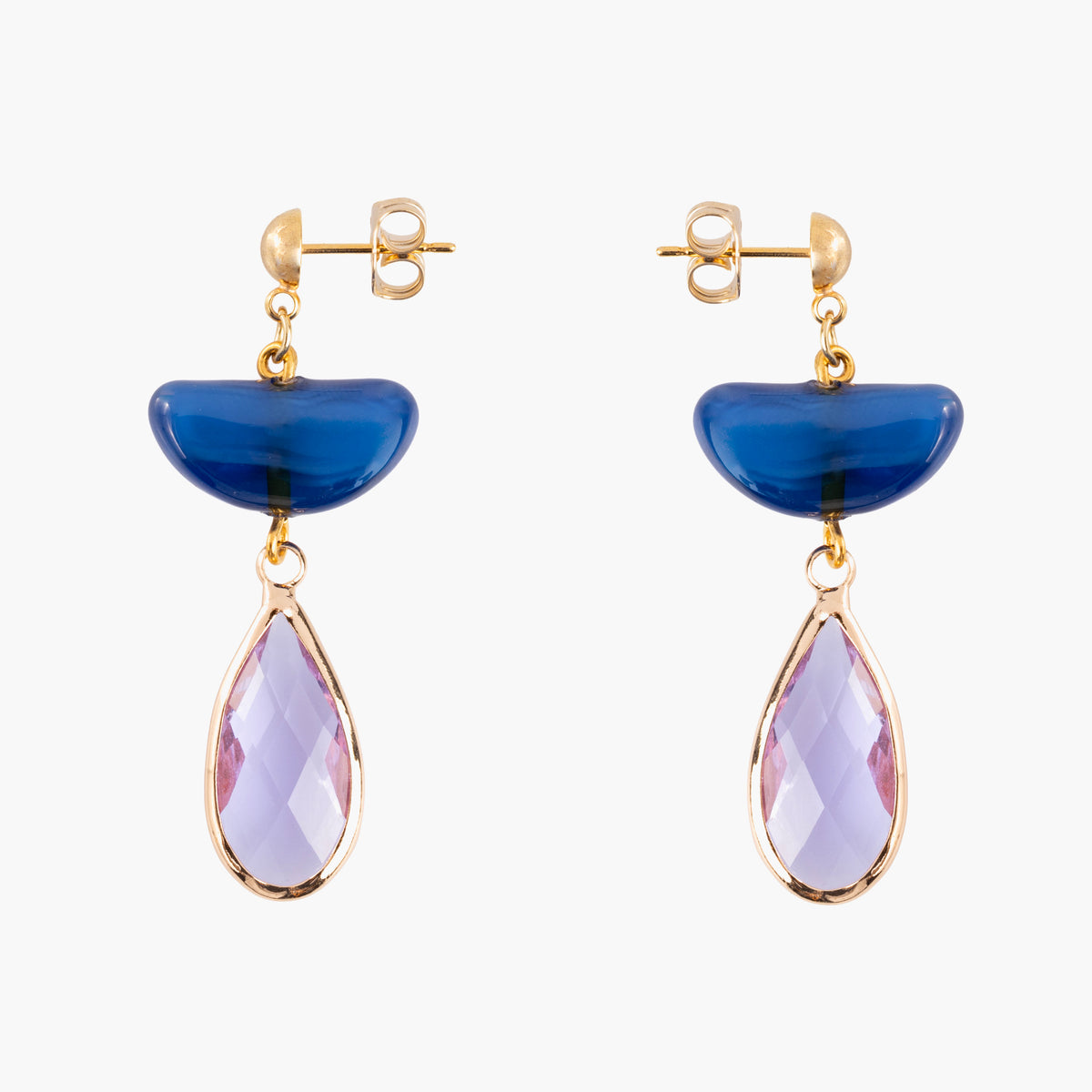 Core Top Drop Earrings in cobalt blue Murano Glass with faceted lavender-pink crystal drops and 18KT gold-finished details. Handcrafted in Italy.