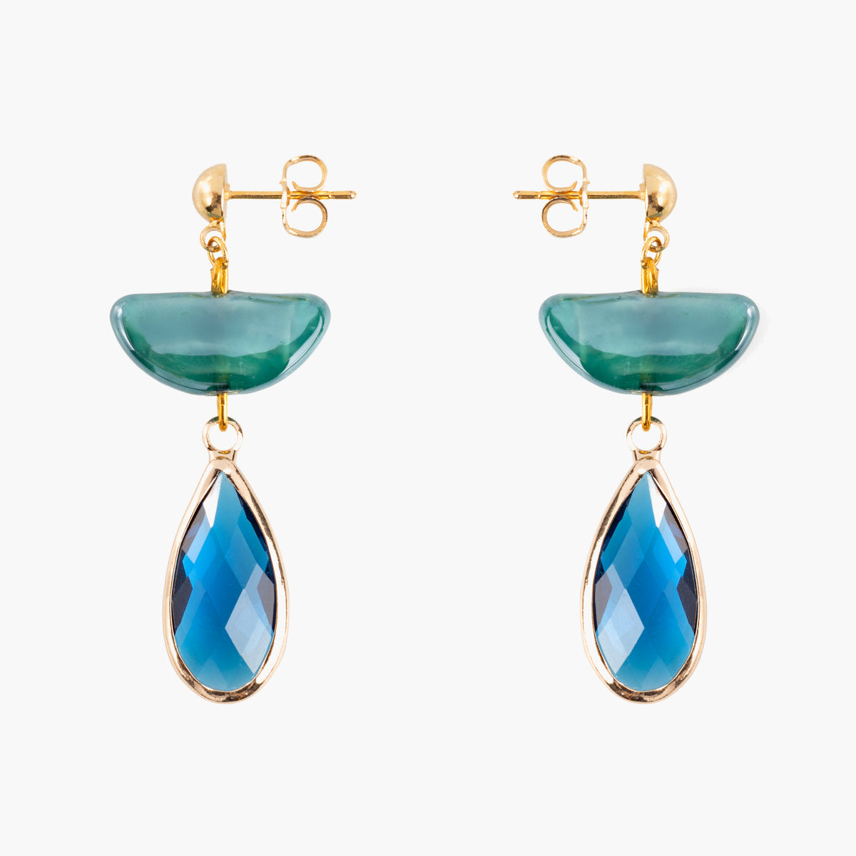 Core Top Drop Earrings in green Murano Glass with faceted blue crystal drops and 18KT gold-finished details. Handcrafted in Italy.