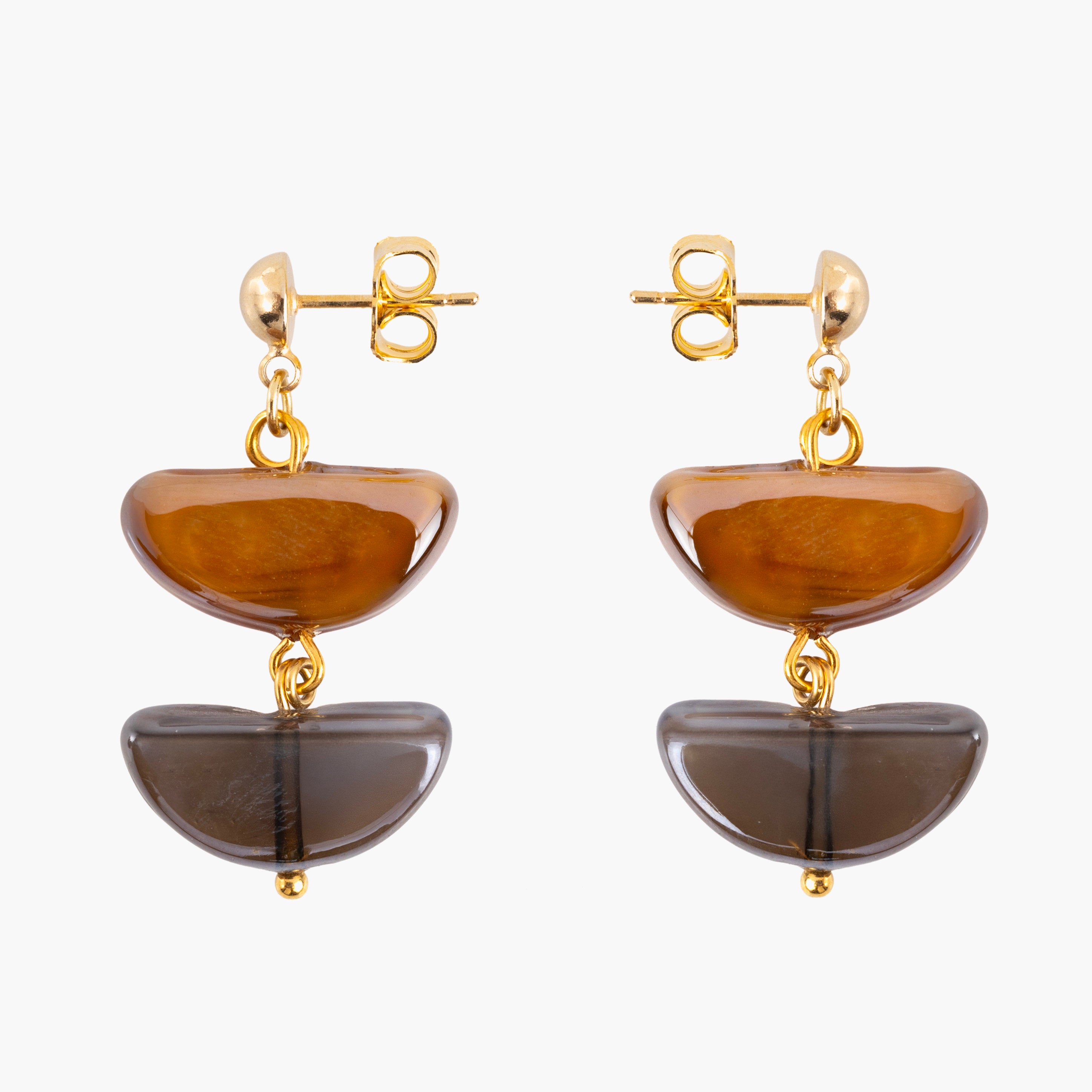  Core Drop Earrings in amber brown and smoky gray Murano Glass, featuring a layered sculptural design with 18KT gold-finished details. Handcrafted in Italy.