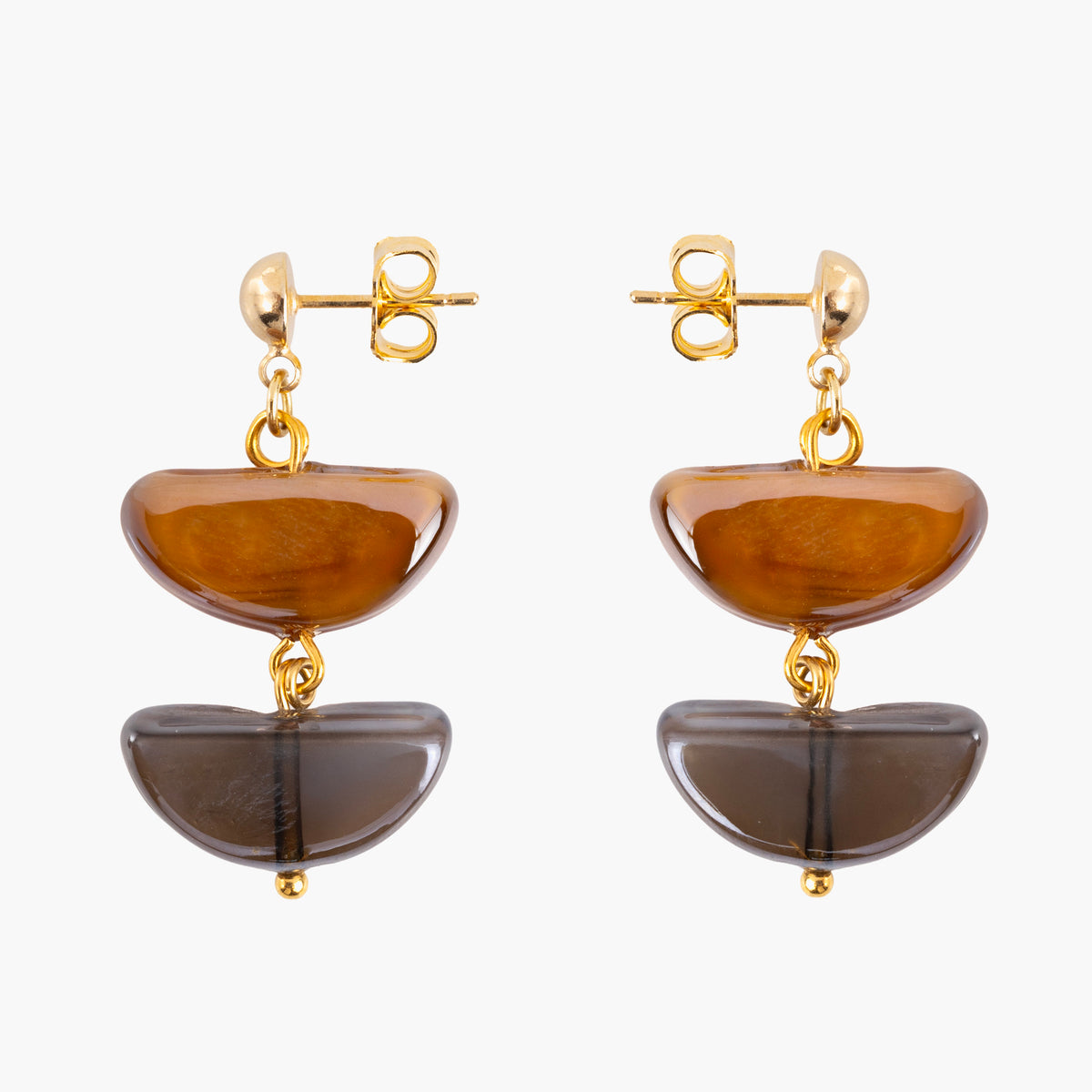  Core Drop Earrings in amber brown and smoky gray Murano Glass, featuring a layered sculptural design with 18KT gold-finished details. Handcrafted in Italy.