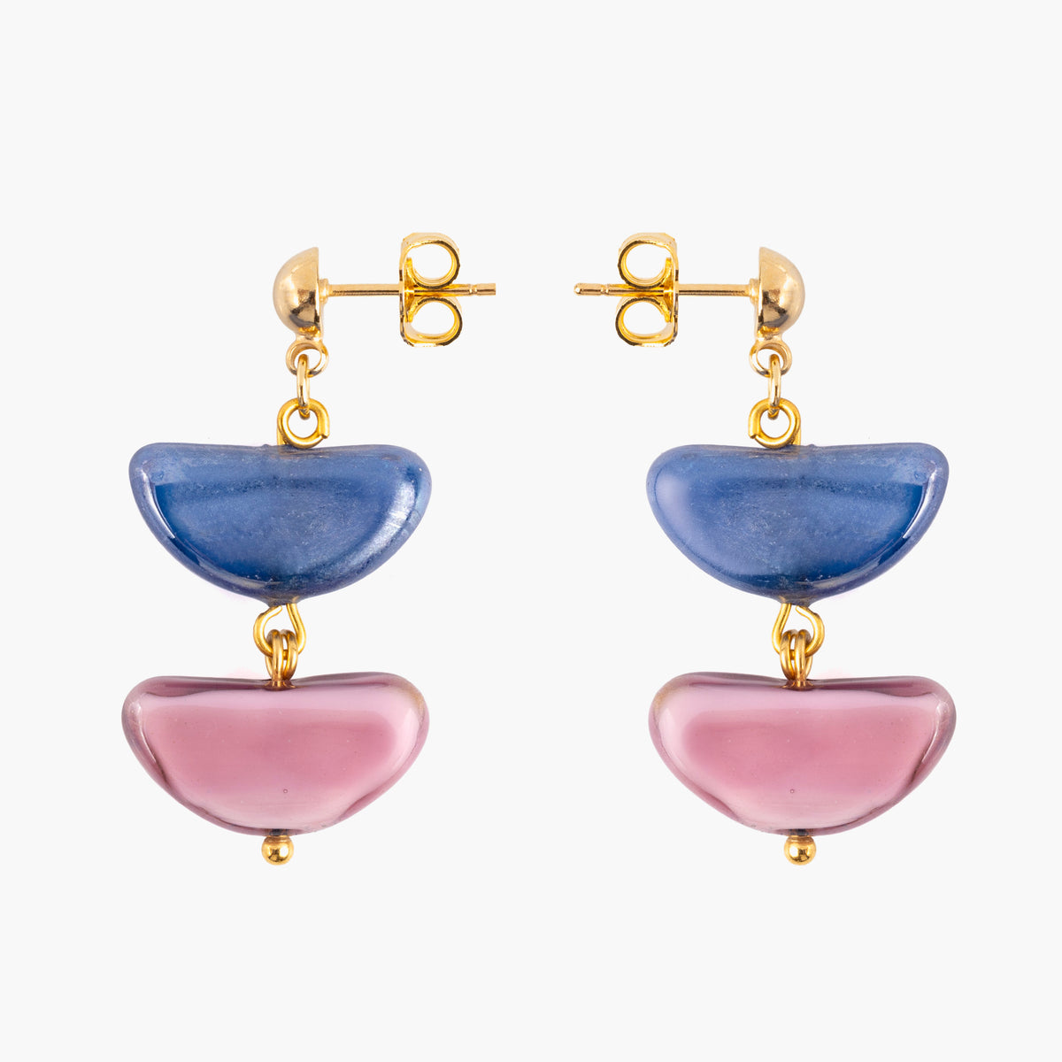 Core Drop Earrings in blue and pink Murano Glass with sculptural layered elements and 18KT gold-finished details. Handcrafted in Italy.