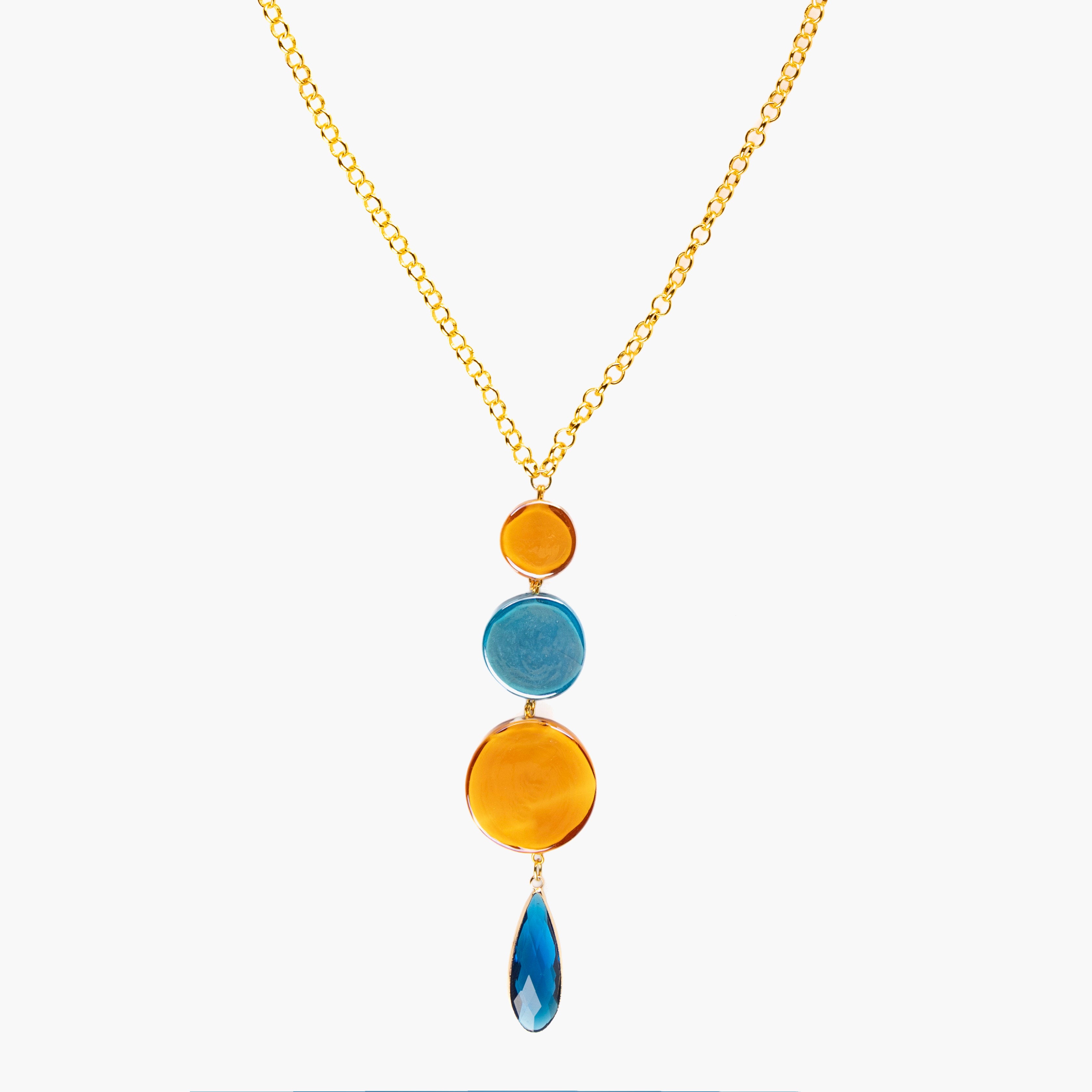 Edge Murano glass pendant necklace with layered glass elements and faceted teardrop pendant, 18KT Gold Finish over brass, handcrafted in Italy.