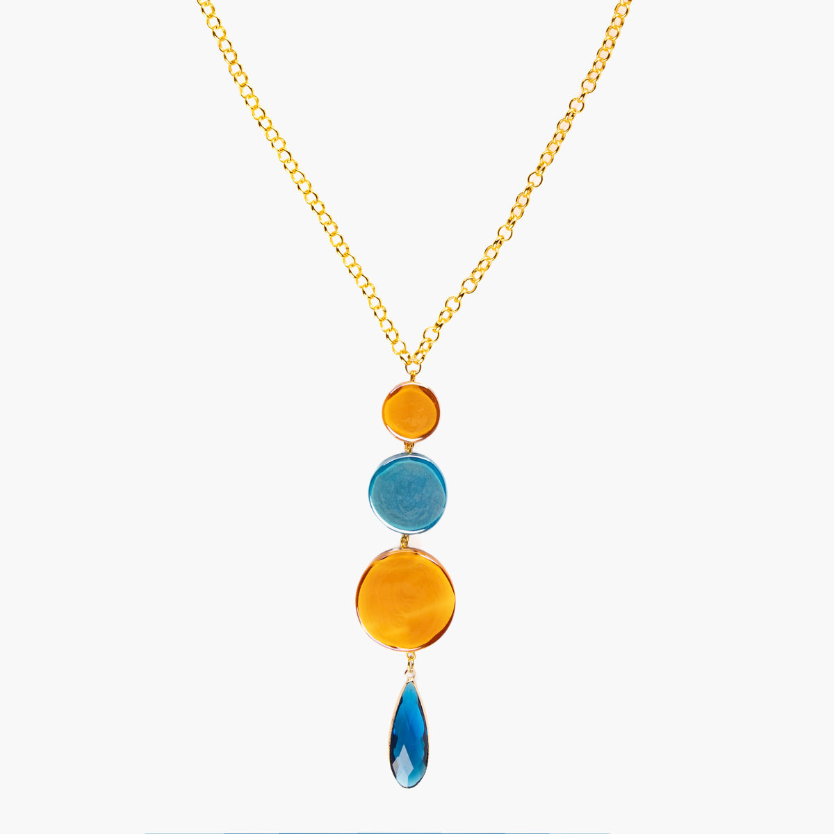 Edge Murano glass pendant necklace with layered glass elements and faceted teardrop pendant, 18KT Gold Finish over brass, handcrafted in Italy.