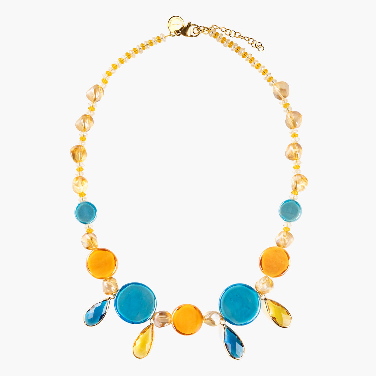 Edge Choker Necklace with blue and orange Murano glass elements, 18KT Gold Finish over brass, adjustable 18.1 inches with extension, handcrafted in Italy.