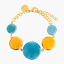 Edge Murano glass bracelet with blue and orange Murano glass elements, 18KT Gold Finish over brass, adjustable with extension chain, handcrafted in Italy.
