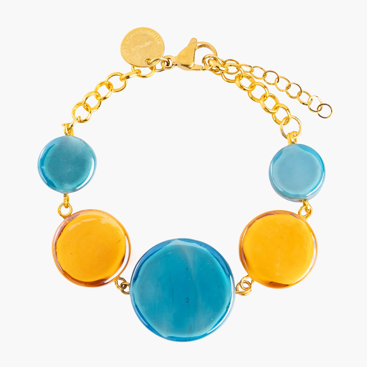 Edge Murano glass bracelet with blue and orange Murano glass elements, 18KT Gold Finish over brass, adjustable with extension chain, handcrafted in Italy.