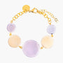 Edge Murano glass bracelet with lilac and cream glass elements, 18KT Gold Finish over brass, adjustable with extension chain, handcrafted in Italy.