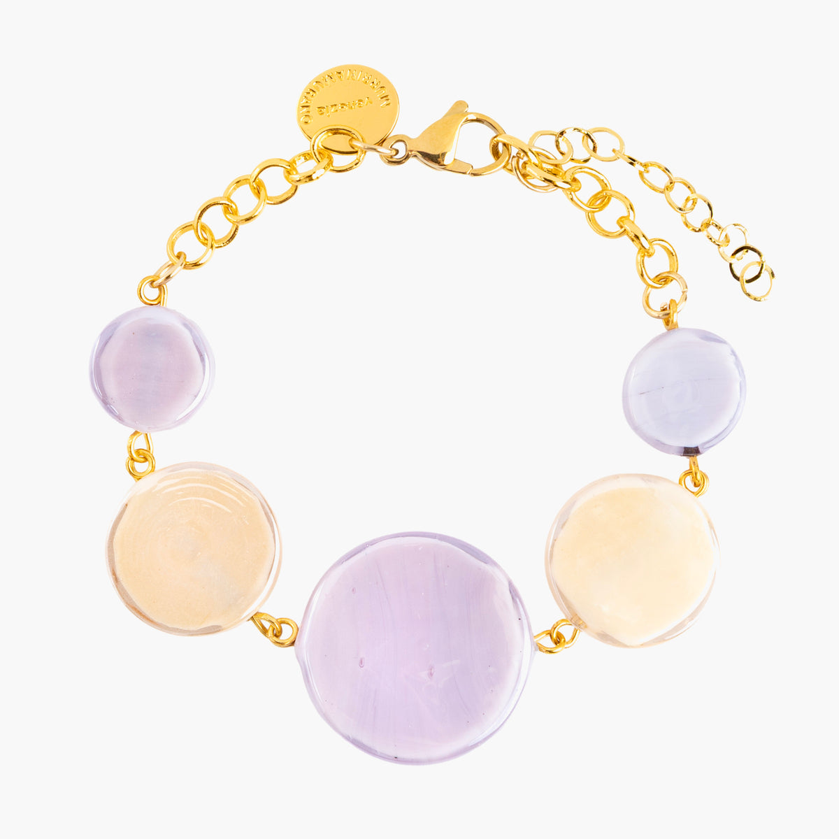 Edge Murano glass bracelet with lilac and cream glass elements, 18KT Gold Finish over brass, adjustable with extension chain, handcrafted in Italy.