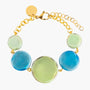 Edge Murano glass bracelet with green and blue glass elements, 18KT Gold Finish over brass, adjustable with extension chain, handcrafted in Italy.