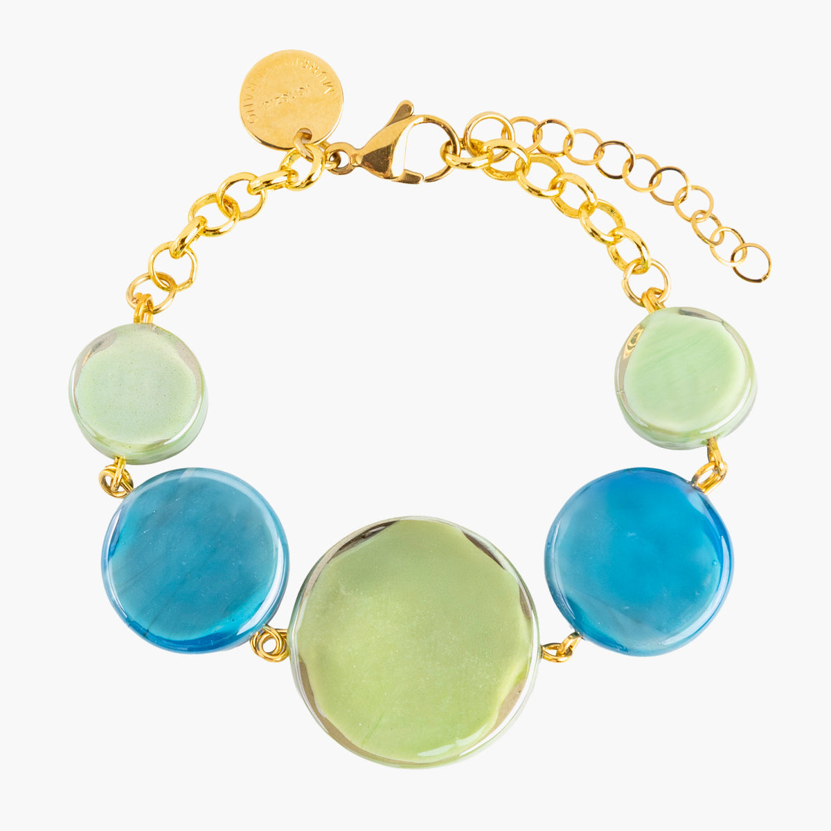 Edge Murano glass bracelet with green and blue glass elements, 18KT Gold Finish over brass, adjustable with extension chain, handcrafted in Italy.