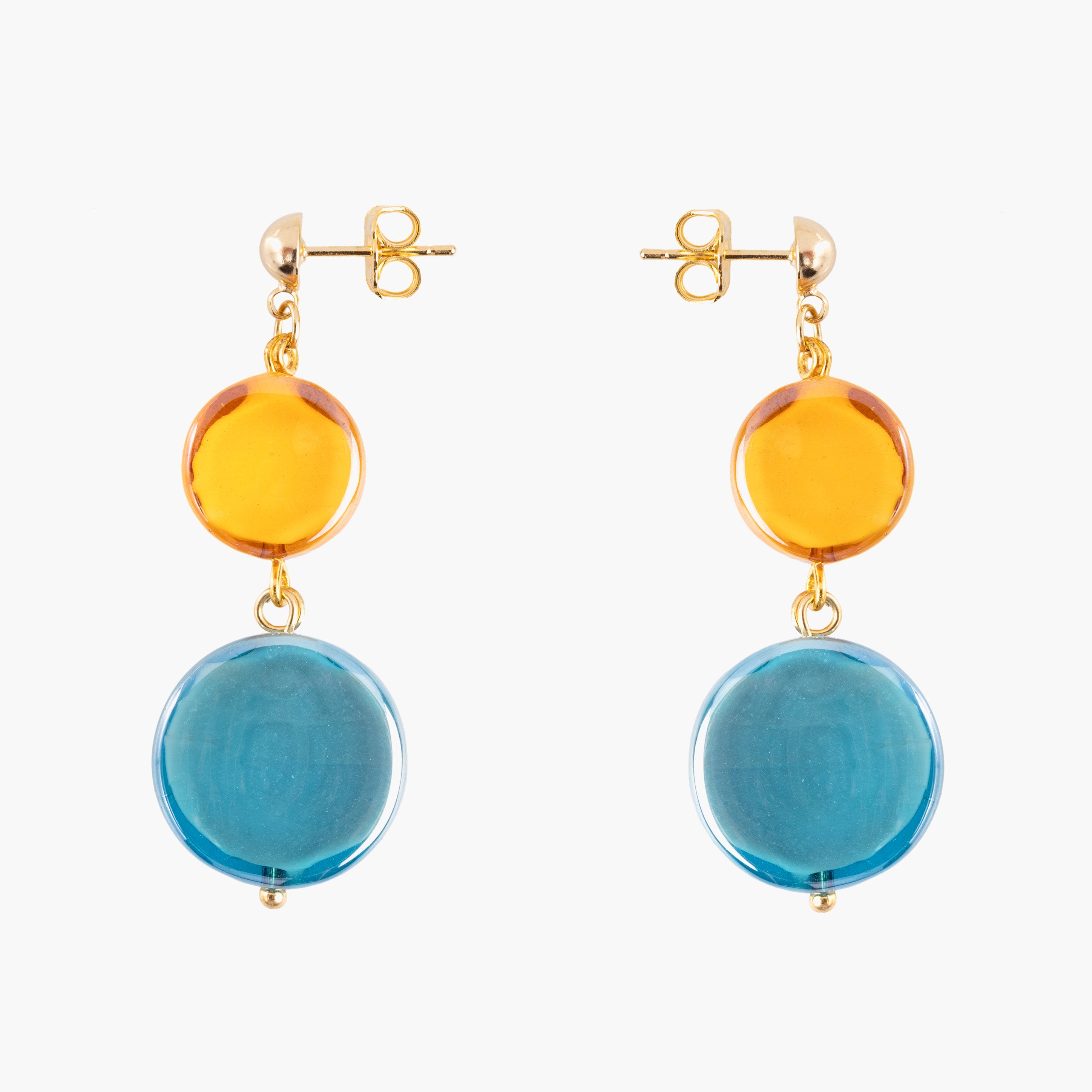 Edge Murano glass drop earrings with blue and orange glass elements, 18K gold finish over brass, handcrafted in Italy.