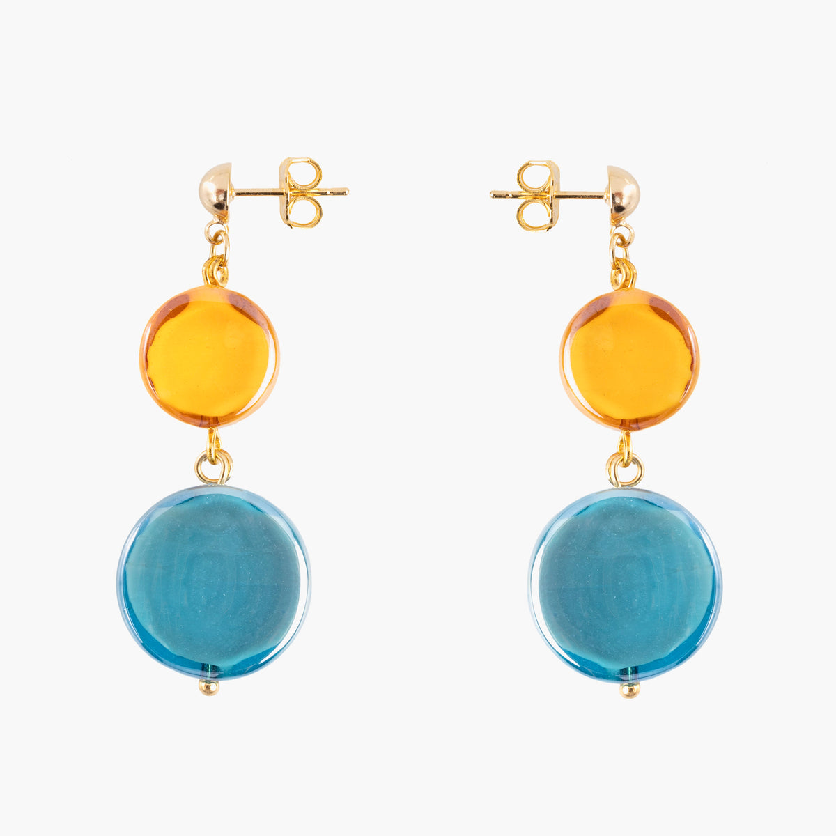 Edge Murano glass drop earrings with blue and orange glass elements, 18K gold finish over brass, handcrafted in Italy.