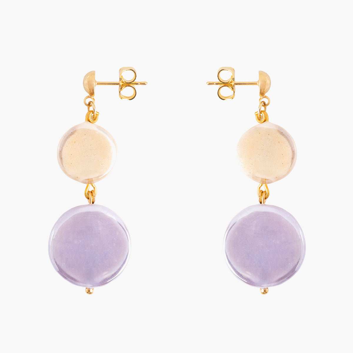 Edge Murano glass drop earrings with cream and lilac glass elements, 18K gold finish over brass, handcrafted in Italy.