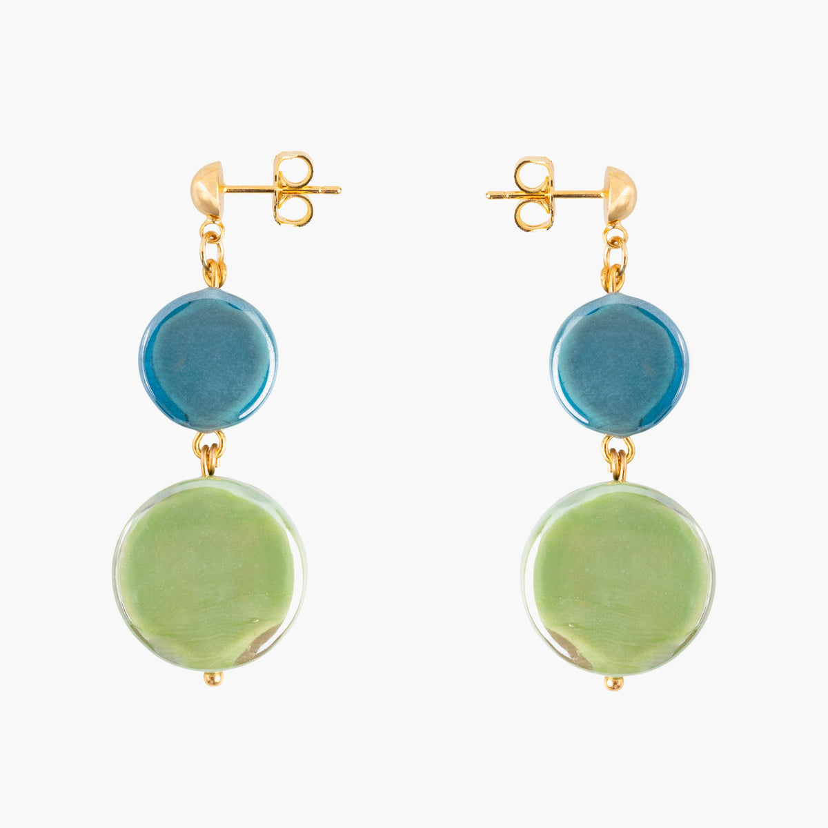 Edge Murano glass drop earrings with blue and green glass elements, 18K Gold finish over brass, handcrafted in Italy.