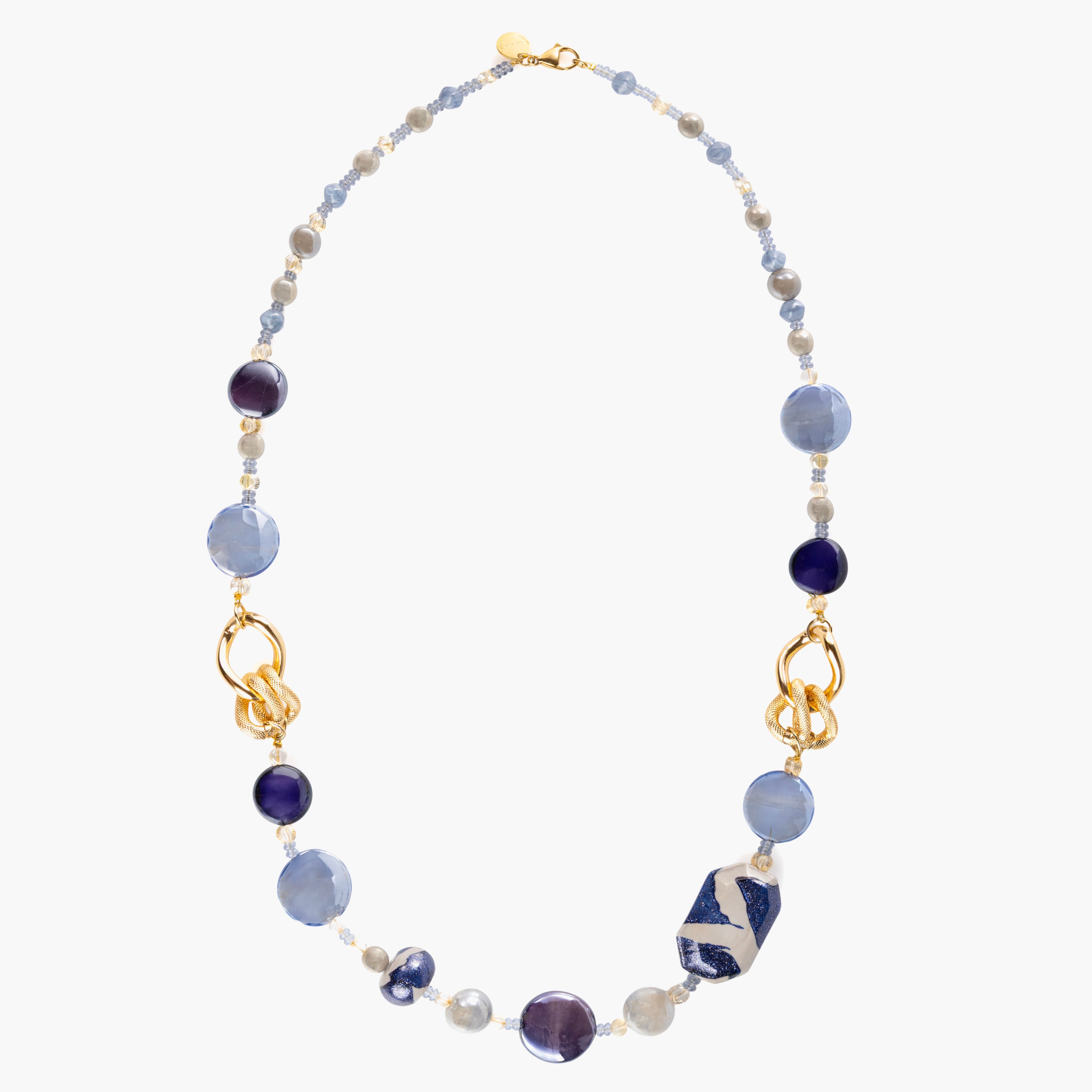 MurrinaMurano.us Frame Opera Necklace in blue and cobalt Murano Glass with varied glass beads, textured metal links, and 18KT gold-finished details. Handcrafted in Italy.