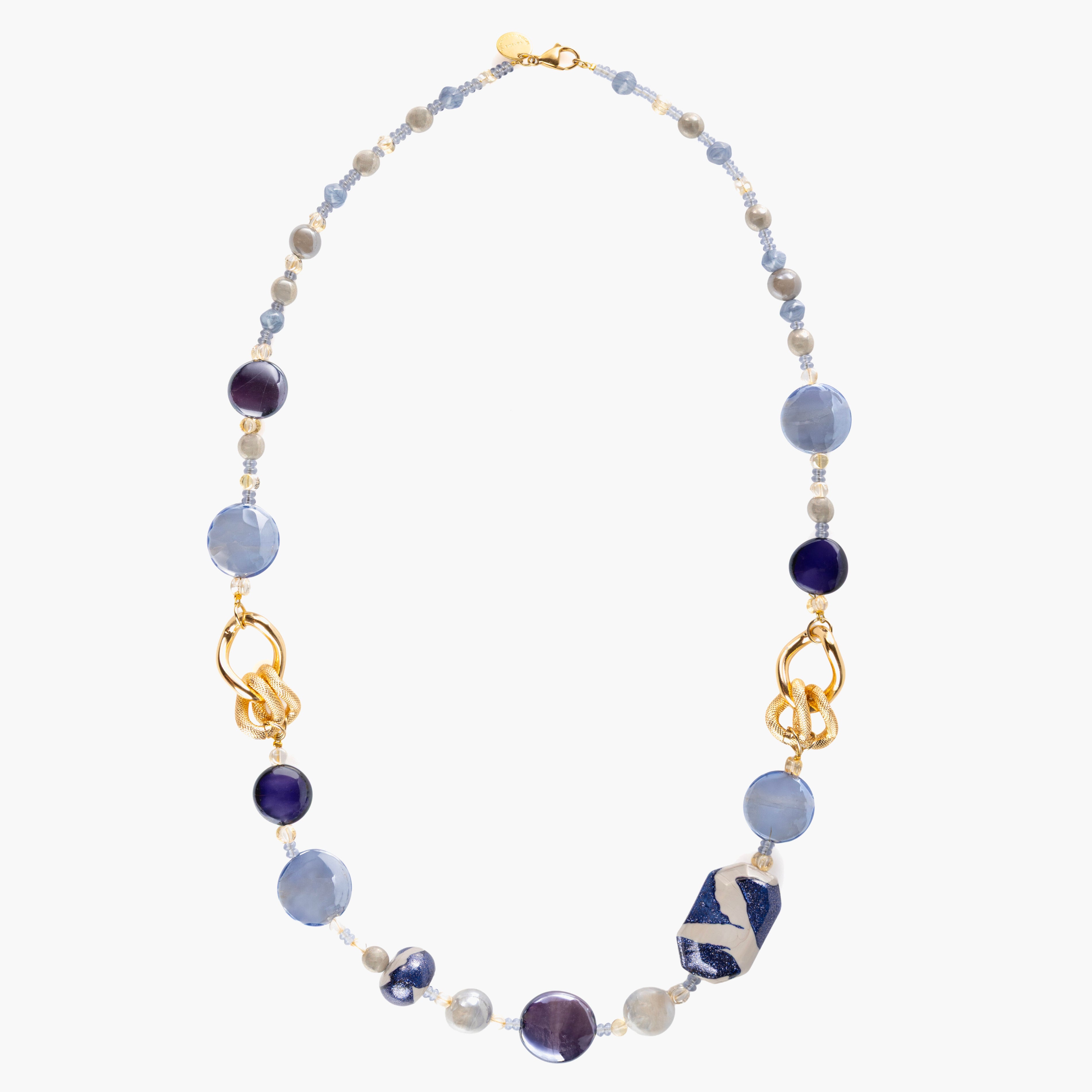 MurrinaMurano.us Frame Opera Necklace in blue and cobalt Murano Glass with varied glass beads, textured metal links, and 18KT gold-finished details. Handcrafted in Italy.