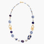 MurrinaMurano.us Frame Opera Necklace in blue and cobalt Murano Glass with varied glass beads, textured metal links, and 18KT gold-finished details. Handcrafted in Italy.