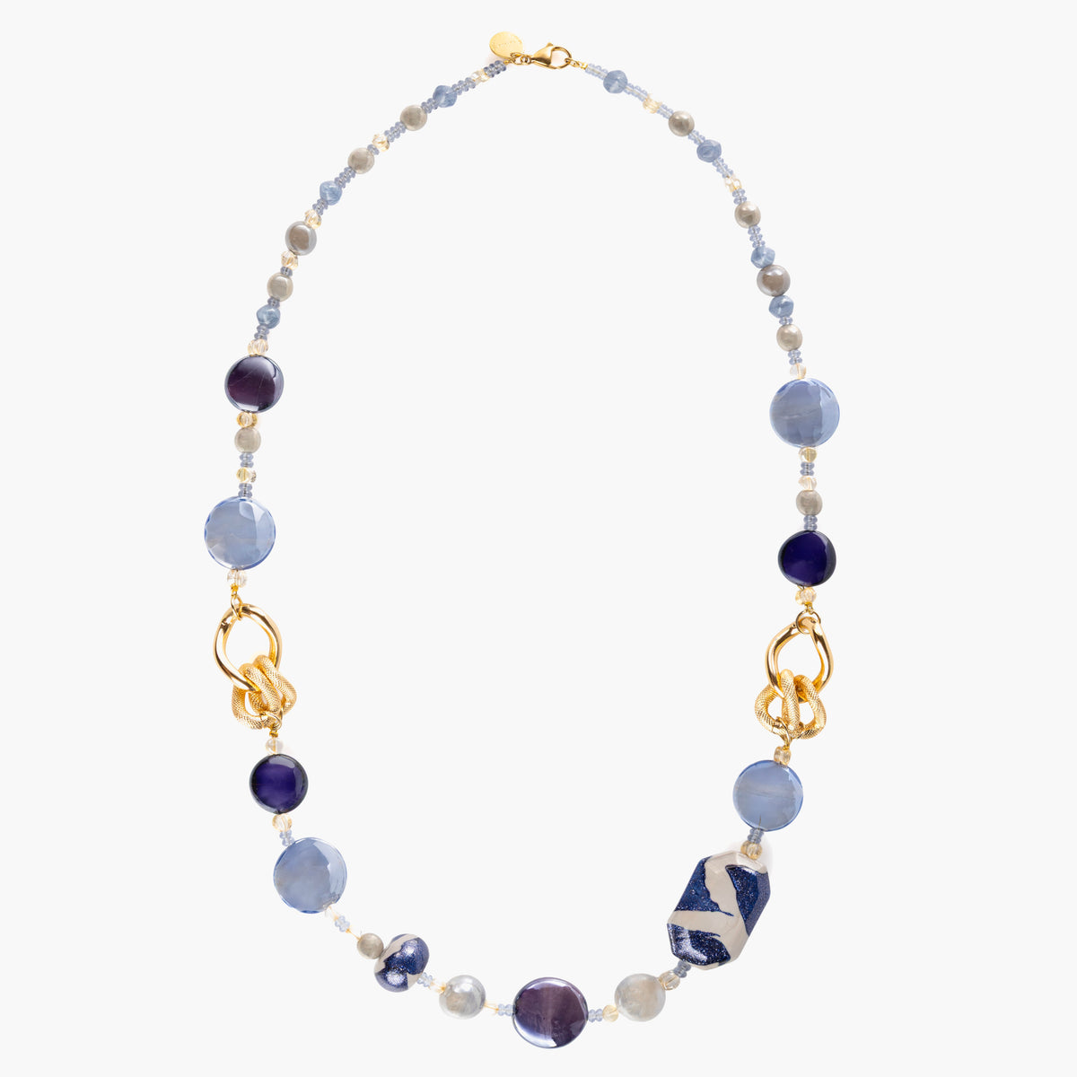 MurrinaMurano.us Frame Opera Necklace in blue and cobalt Murano Glass with varied glass beads, textured metal links, and 18KT gold-finished details. Handcrafted in Italy.