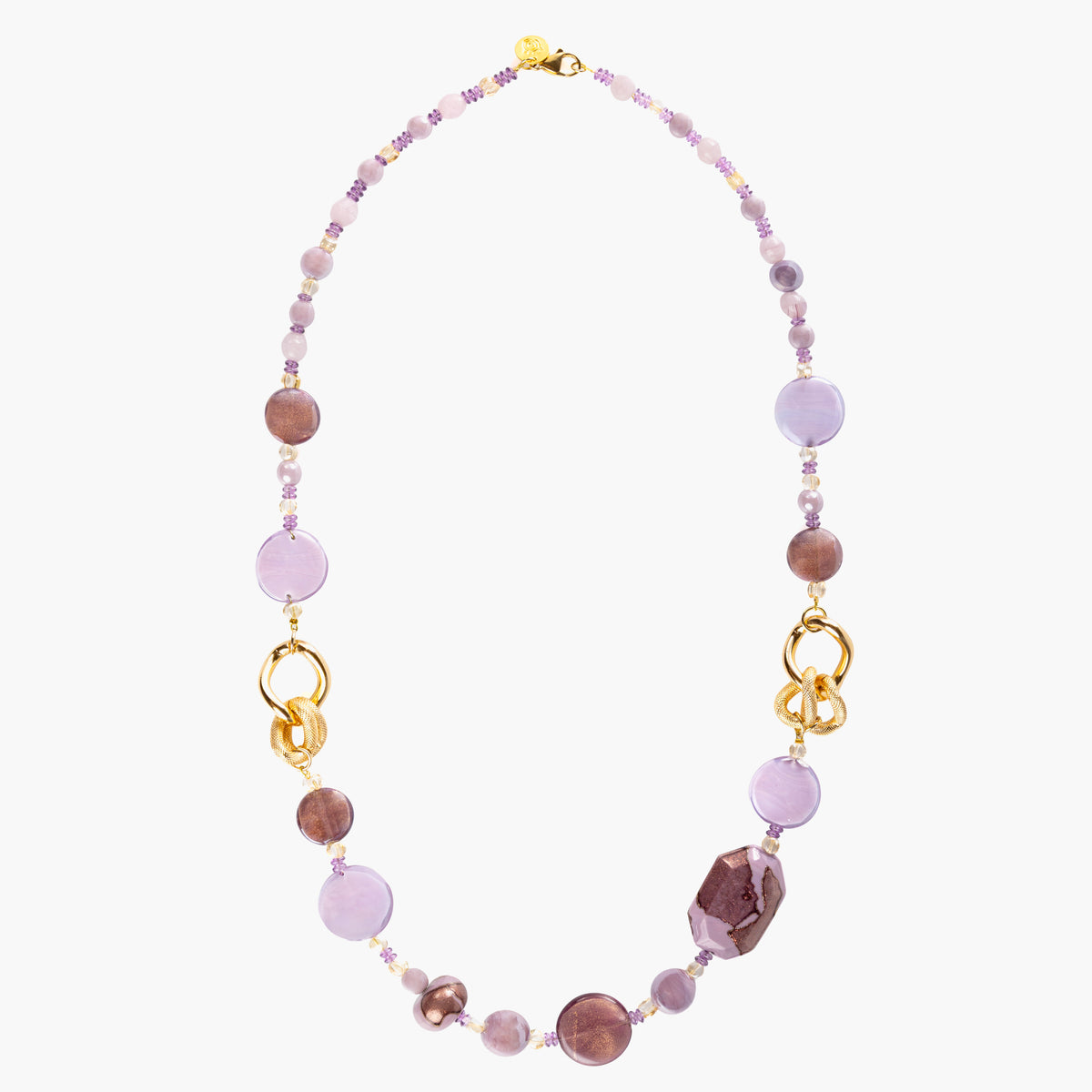 MurrinaMurano.us Frame Opera Necklace in soft pink and lilac Murano Glass, accented by sculptural metal links and warm gold-finished details. Handcrafted in Italy.