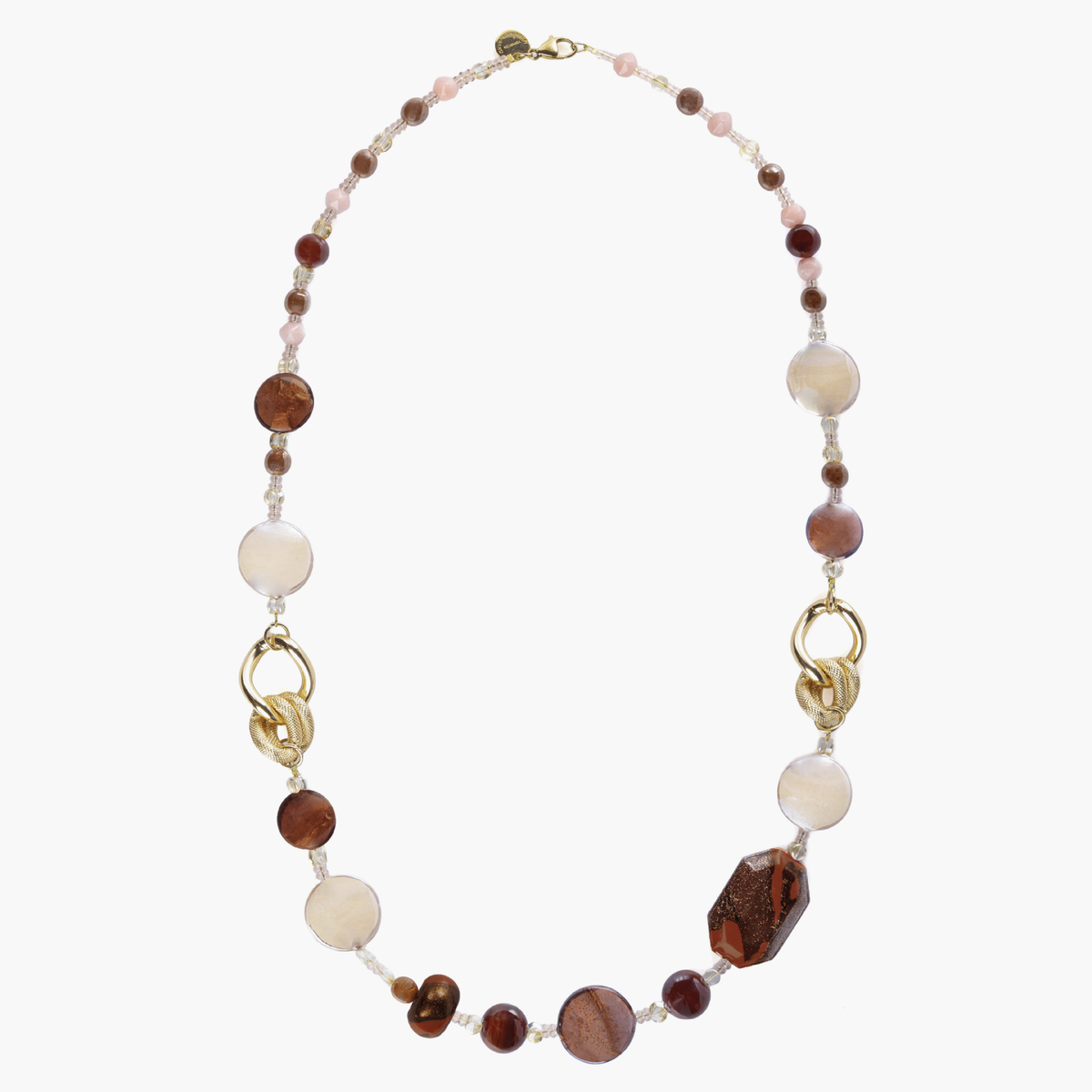 MurrinaMurano.us Frame Opera Necklace in brown and amber Murano Glass, featuring sculptural interlocking metal links and 18KT gold-finished details. Handcrafted in Italy.