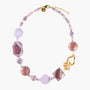 MurrinaMurano.us pink Frame Choker Necklace with lavender and rose Murano Glass elements, textured metal links, and 18KT gold-finished details. Handcrafted in Italy.