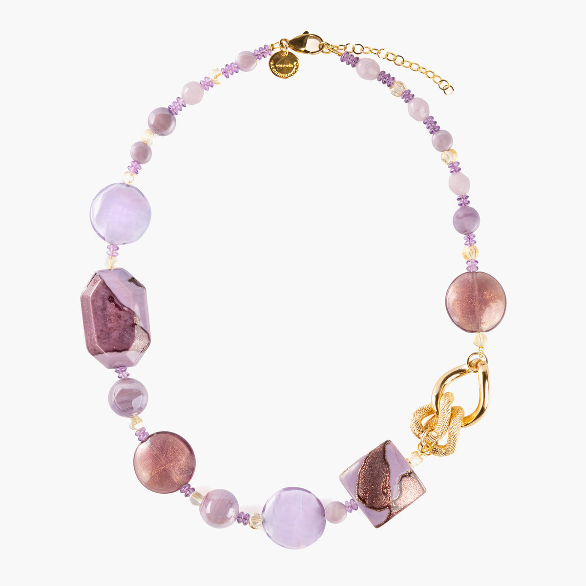 MurrinaMurano.us pink Frame Choker Necklace with lavender and rose Murano Glass elements, textured metal links, and 18KT gold-finished details. Handcrafted in Italy.