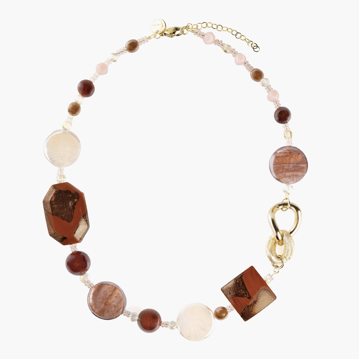 Frame Choker Necklace in warm brown and amber Murano Glass, accented with cream glass elements and distinctive gold-finished metal links. Handcrafted in Italy.