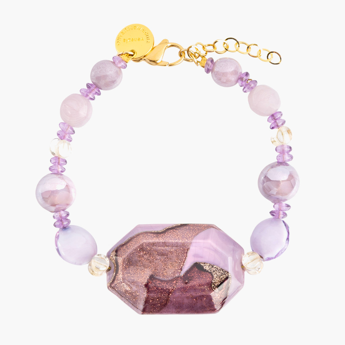 MurrinaMurano.us Frame Bracelet with soft pink and lavender Murano Glass beads, a faceted rose centerpiece, and 18KT gold-finished brass details. Handcrafted in Italy.