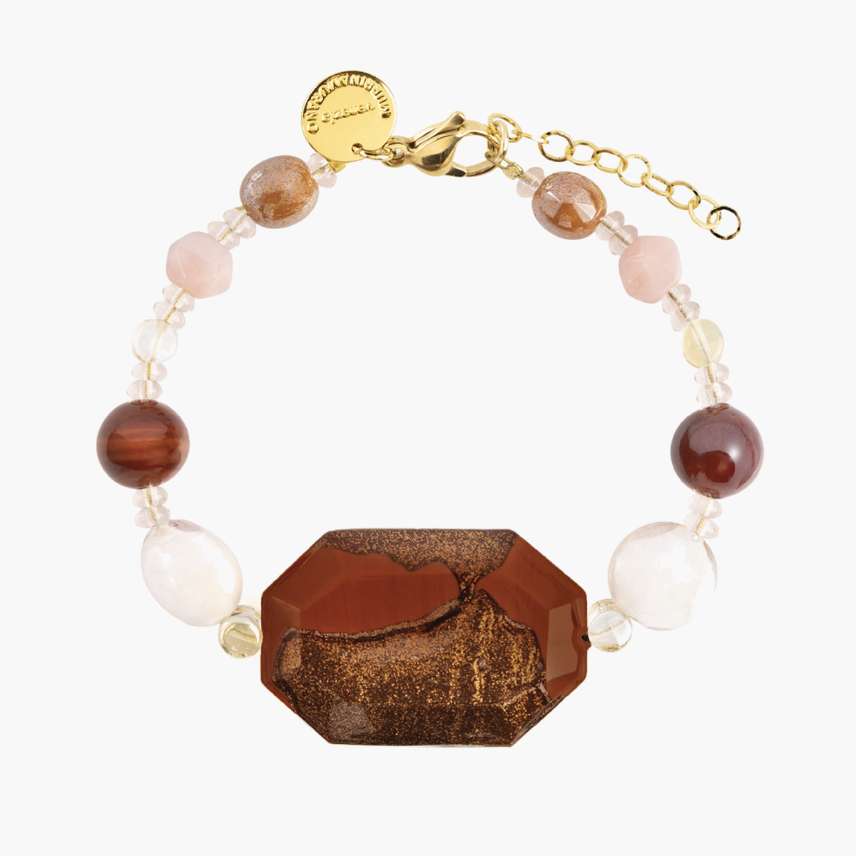 MurrinaMurano.us brown Frame Bracelet combining warm amber and cream Murano Glass with a large faceted brown centerpiece and polished gold-finished accents. Handcrafted in Italy.
