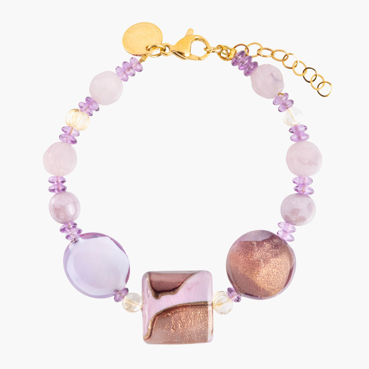 MurrinaMurano.us Easy Bracelet with soft pink and lavender Murano Glass elements, delicate purple accents, and a sculptural rose-toned centerpiece. Handcrafted in Italy.