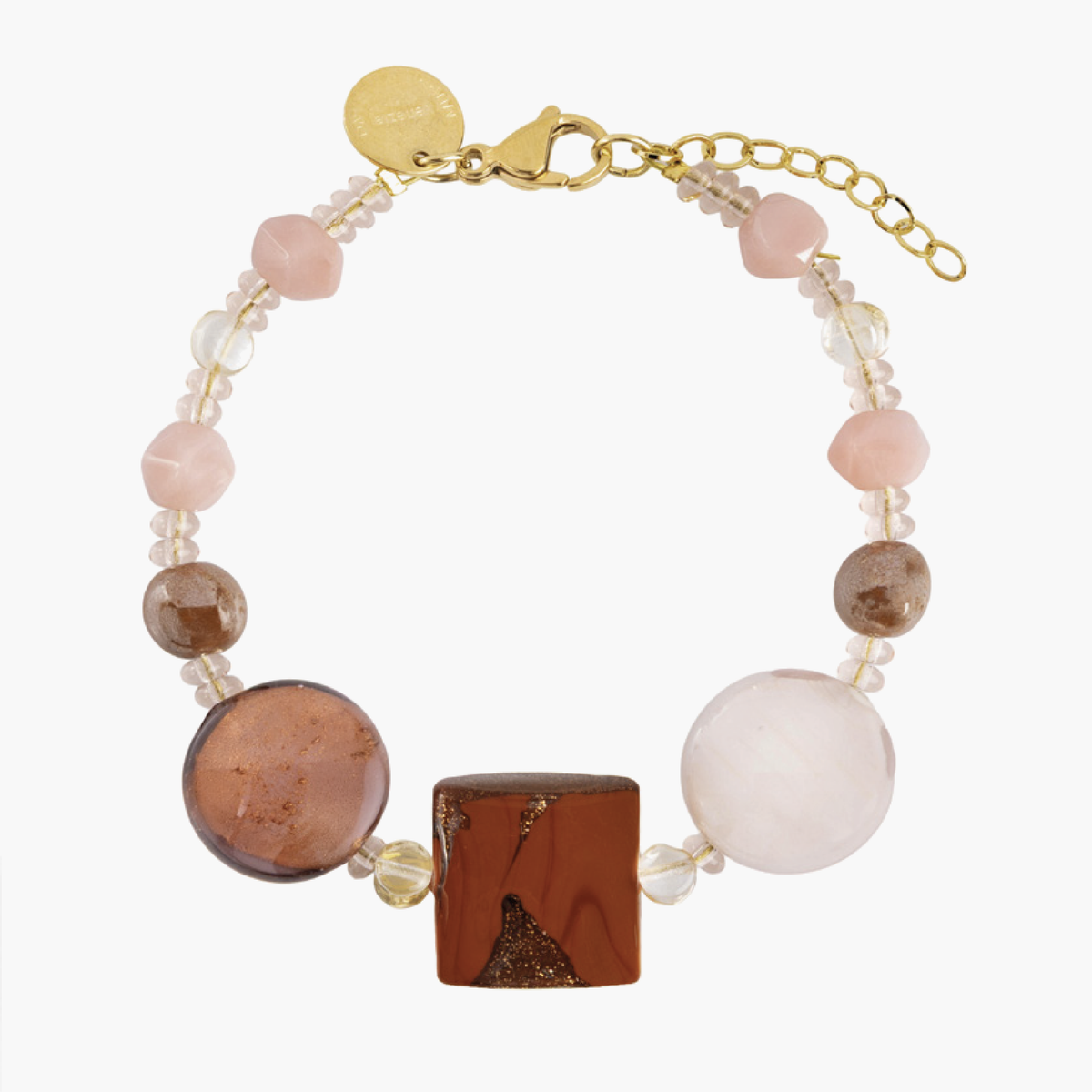 MurrinaMurano.us brown Easy Bracelet combining warm amber, brown, and cream Murano Glass with a distinctive square centerpiece and 18KT gold-finished brass details. Handcrafted in Italy.