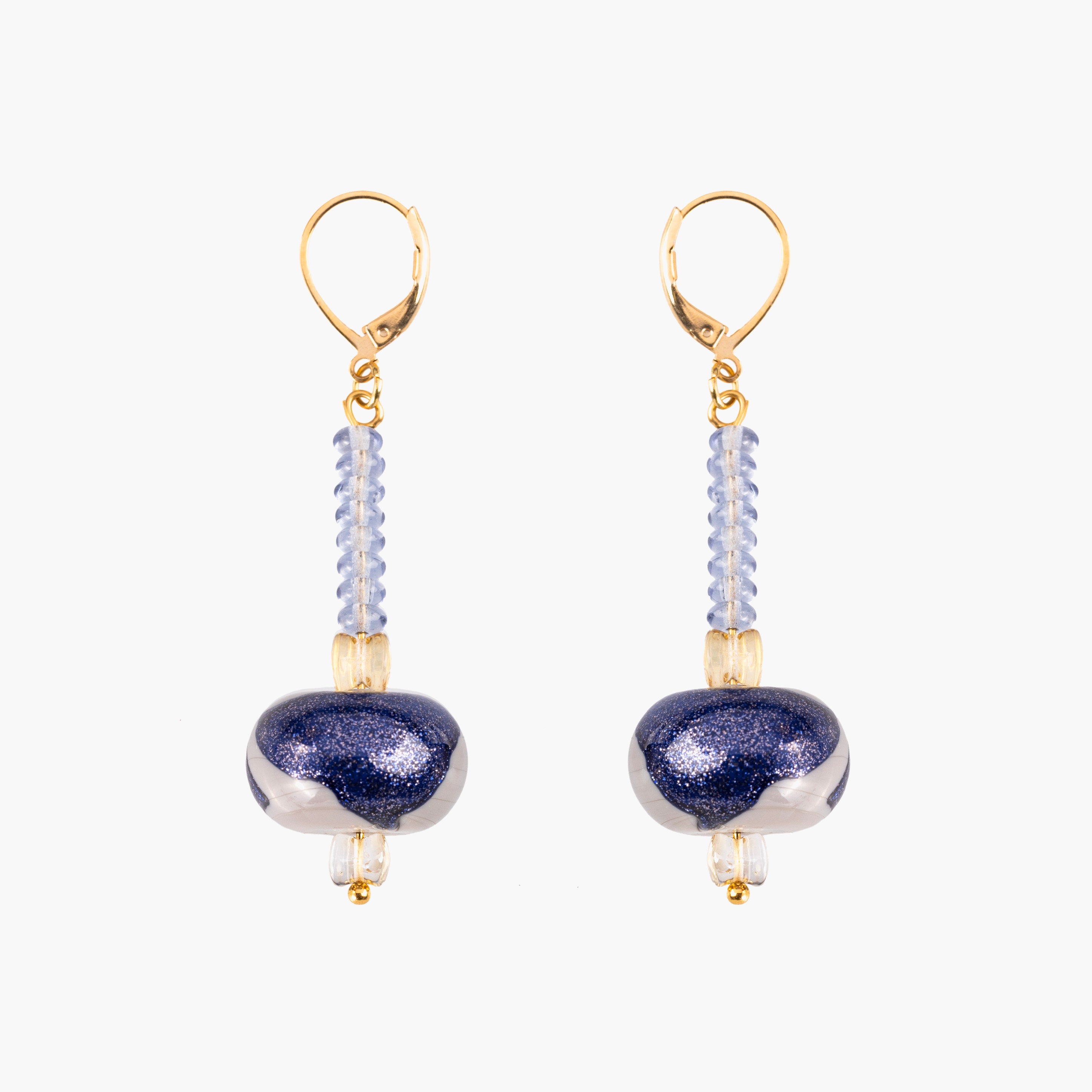 MurrinaMurano.us Frame Murano glass drop earrings in blue, featuring elongated glass elements and sculptural blue-and-white glass accents with 18KT gold-finished details. Handcrafted in Italy.