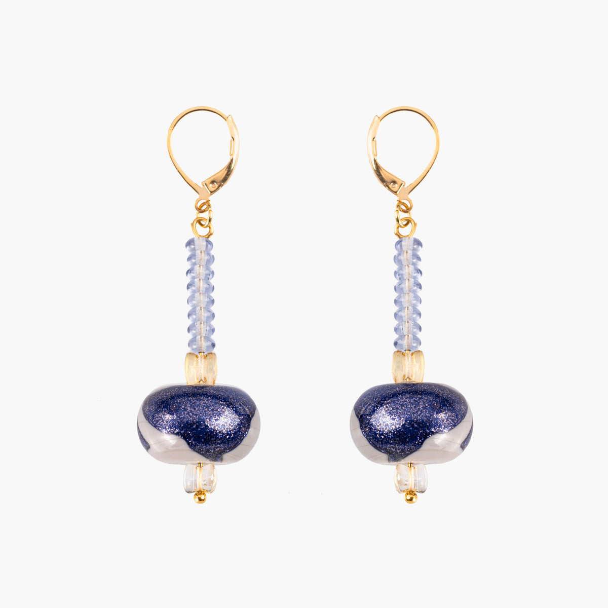MurrinaMurano.us Frame Murano glass drop earrings in blue, featuring elongated glass elements and sculptural blue-and-white glass accents with 18KT gold-finished details. Handcrafted in Italy.
