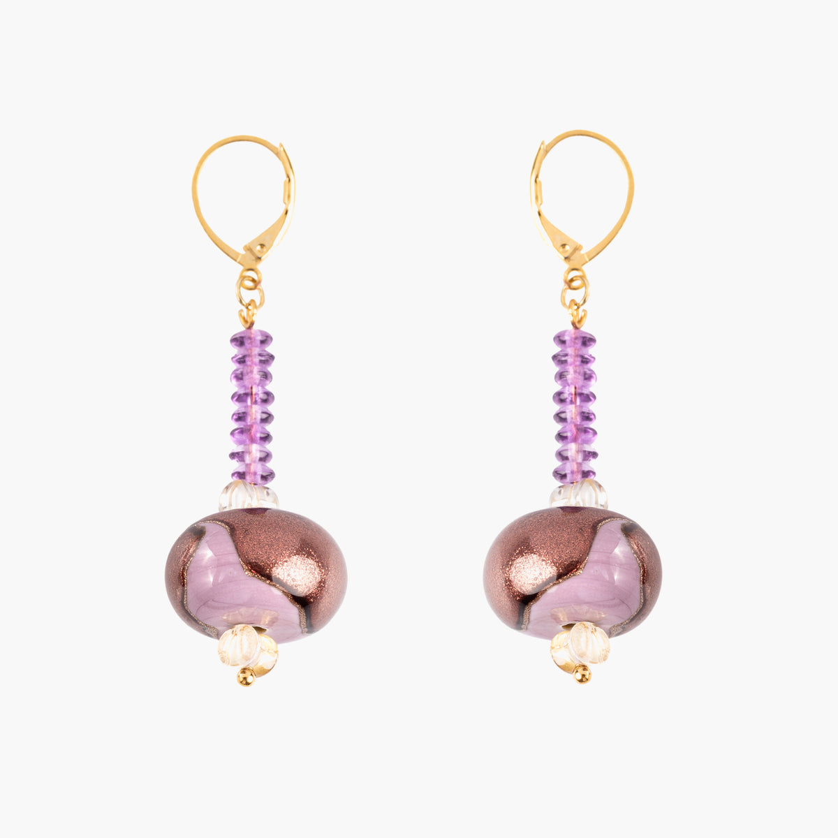 MurrinaMurano.us Frame drop earrings in soft pink Murano Glass, with faceted pink glass beads, sculptural rose-toned glass drops, and 18KT gold-finished details. Handcrafted in Italy.