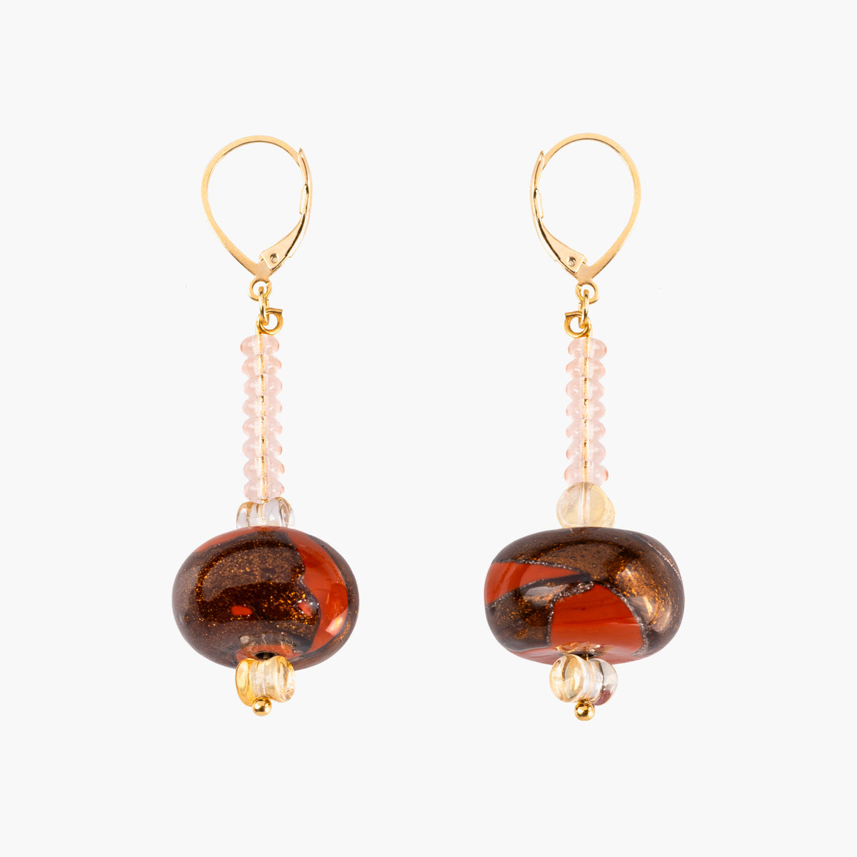 MurrinaMurano.us Frame Murano glass drop earrings in warm brown and amber tones, featuring elongated glass beads and rich sculptural glass accents with 18KT gold-finished details. Handcrafted in Italy.