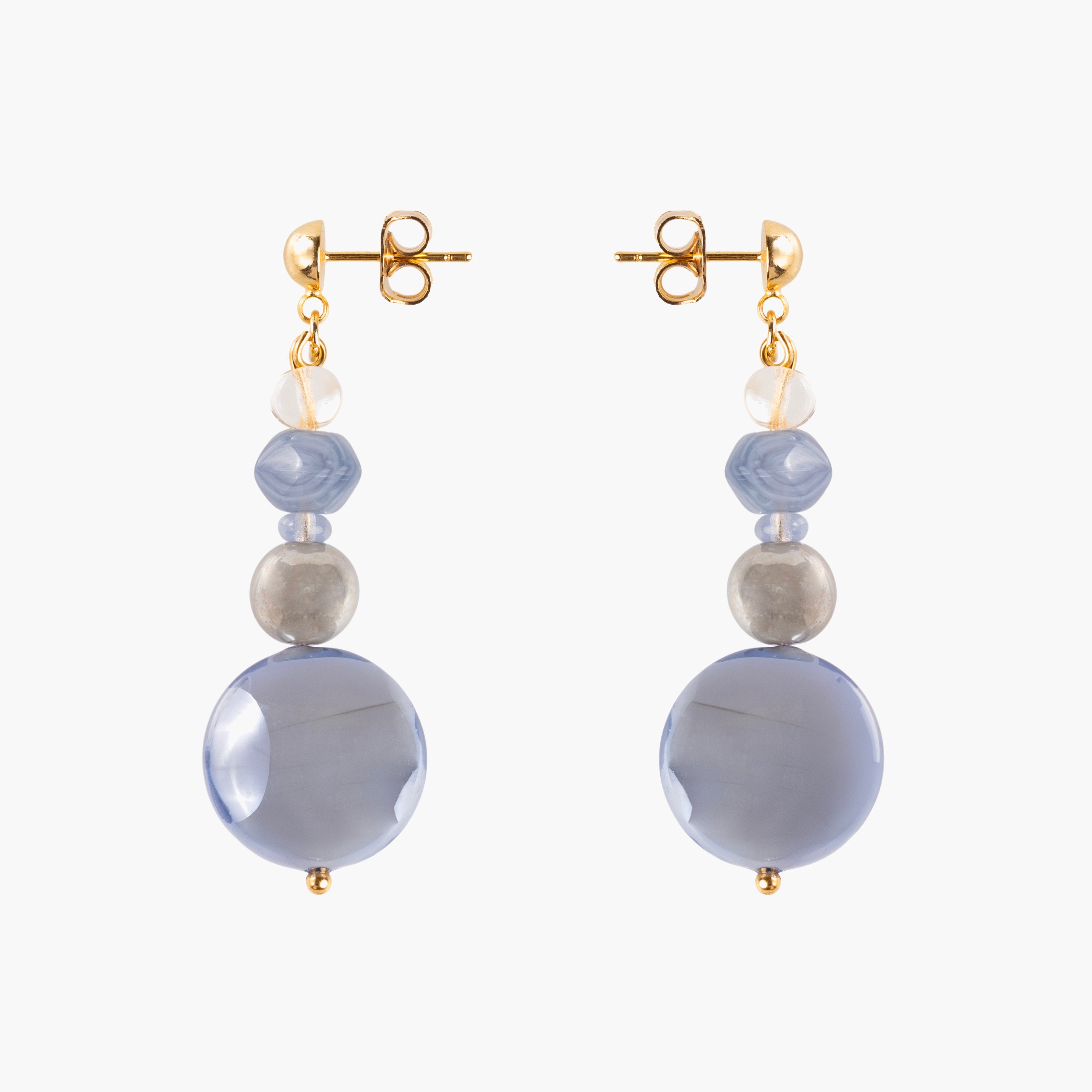 MurrinaMurano.us Frame Murano glass drop earrings in blue, featuring layered translucent glass beads and oversized rounded blue glass drops with 18KT gold-finished details. Handcrafted in Italy.