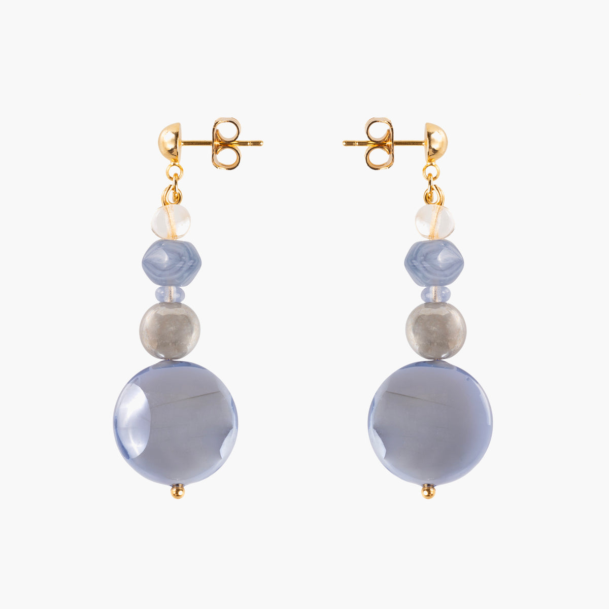 MurrinaMurano.us Frame Murano glass drop earrings in blue, featuring layered translucent glass beads and oversized rounded blue glass drops with 18KT gold-finished details. Handcrafted in Italy.